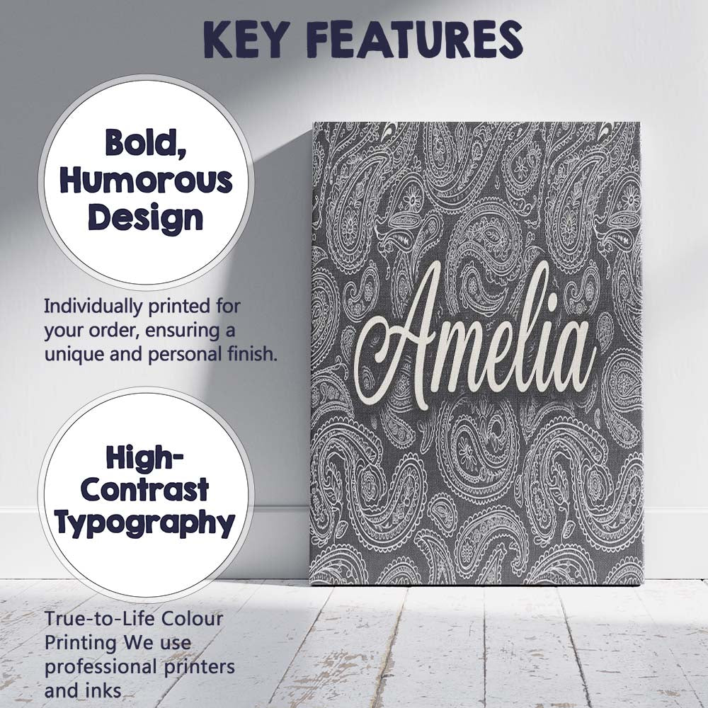 Personalised Name Elegant White Paisley Custom Unique Gift Idea Modern Room Accent Canvas Wall Art Print Decor Picture Ready to Hang