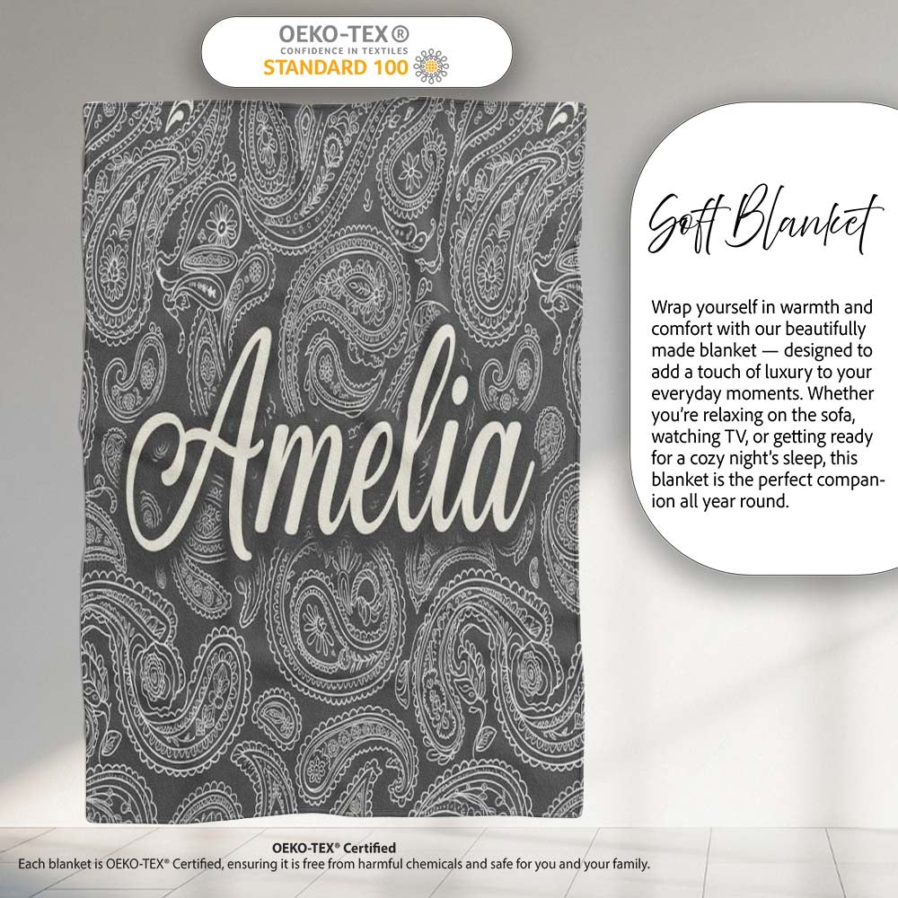 Elegant White Paisley Pattern Rich Black Grey Gradient Background Personalised Custom Name Super Soft Fleece Blanket Bed Sofa Throw