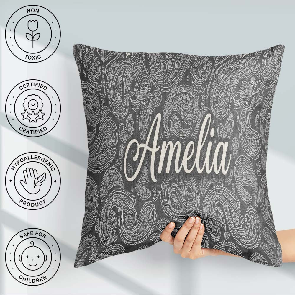 Custom Name Elegant White Paisley Rich Black Gradient Background Square Filled Cushion Throw Pillow Sofa Bed Home Decor Zip Washable UK Made