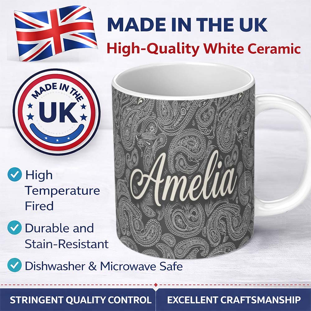 Personalized Custom Name Elegant White Paisley Pattern Rich Black Grey Gradient Background 11oz Ceramic Coffee Tea Mug White Large Handle
