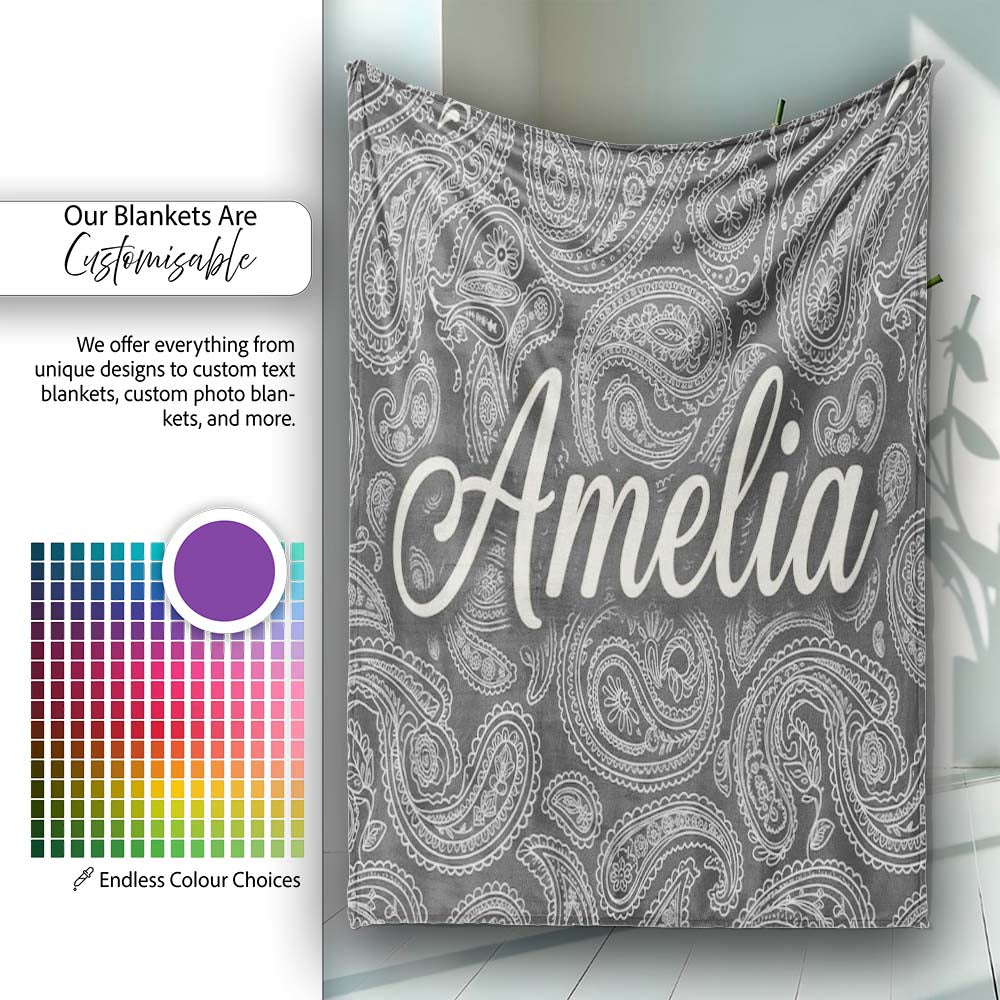 Elegant White Paisley Pattern Rich Black Grey Gradient Background Personalised Custom Name Super Soft Fleece Blanket Bed Sofa Throw