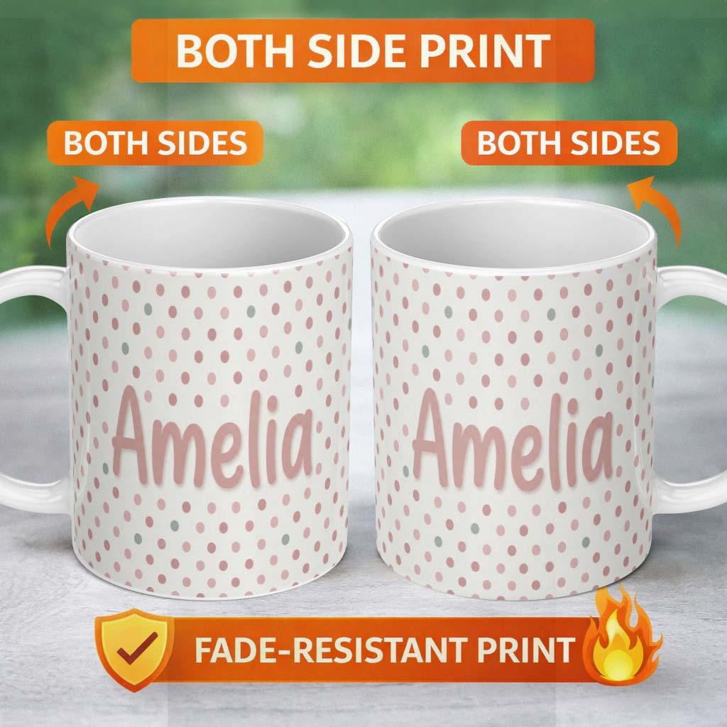 Personalized Custom Name Cute Pastel Polka Dot Confetti Pattern Soft Neutral Background 11oz Ceramic Coffee Tea Mug White Large Handle