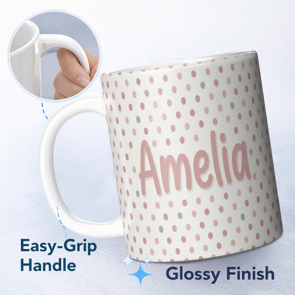 Personalized Custom Name Cute Pastel Polka Dot Confetti Pattern Soft Neutral Background 11oz Ceramic Coffee Tea Mug White Large Handle