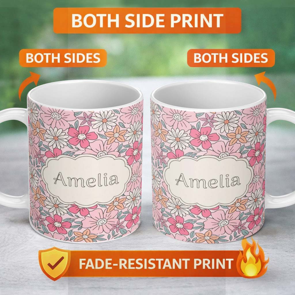 Personalized Custom Name Cute Hand Drawn Floral Ditsy Flowers Pattern Soft Pink Background 11oz Ceramic Coffee Tea Mug White Large Handle