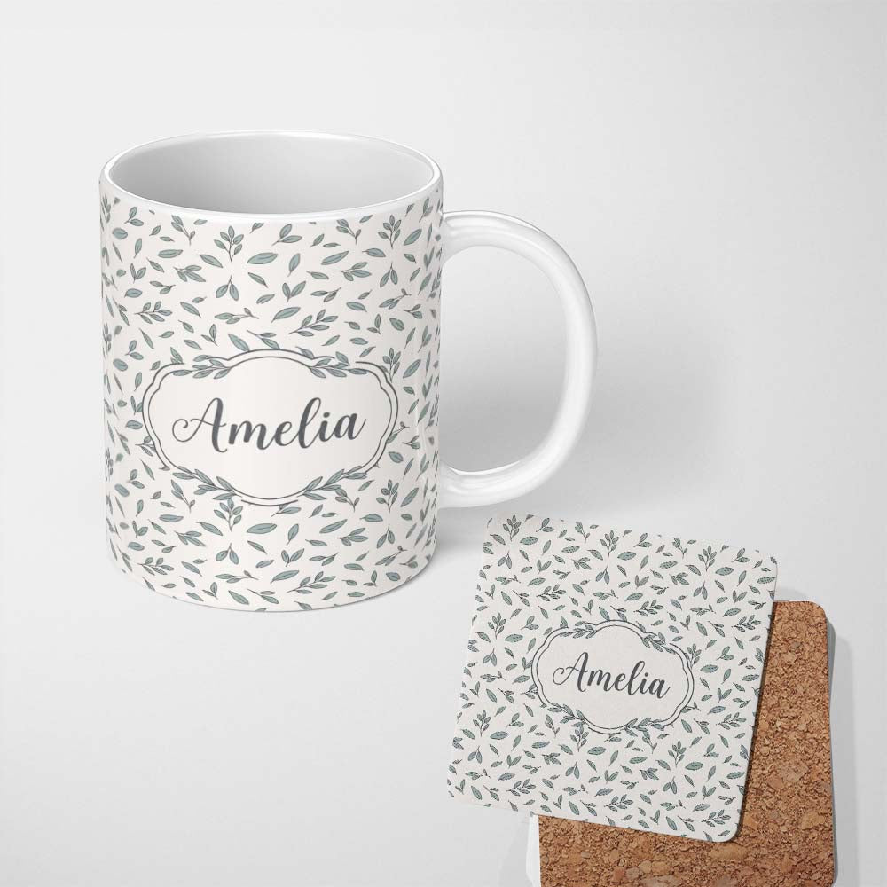 Personalized Custom Name Minimalist Blue Leaf Sprig Pattern Soft Neutral Background Seamless 11oz Ceramic Coffee Tea Mug White Large Handle