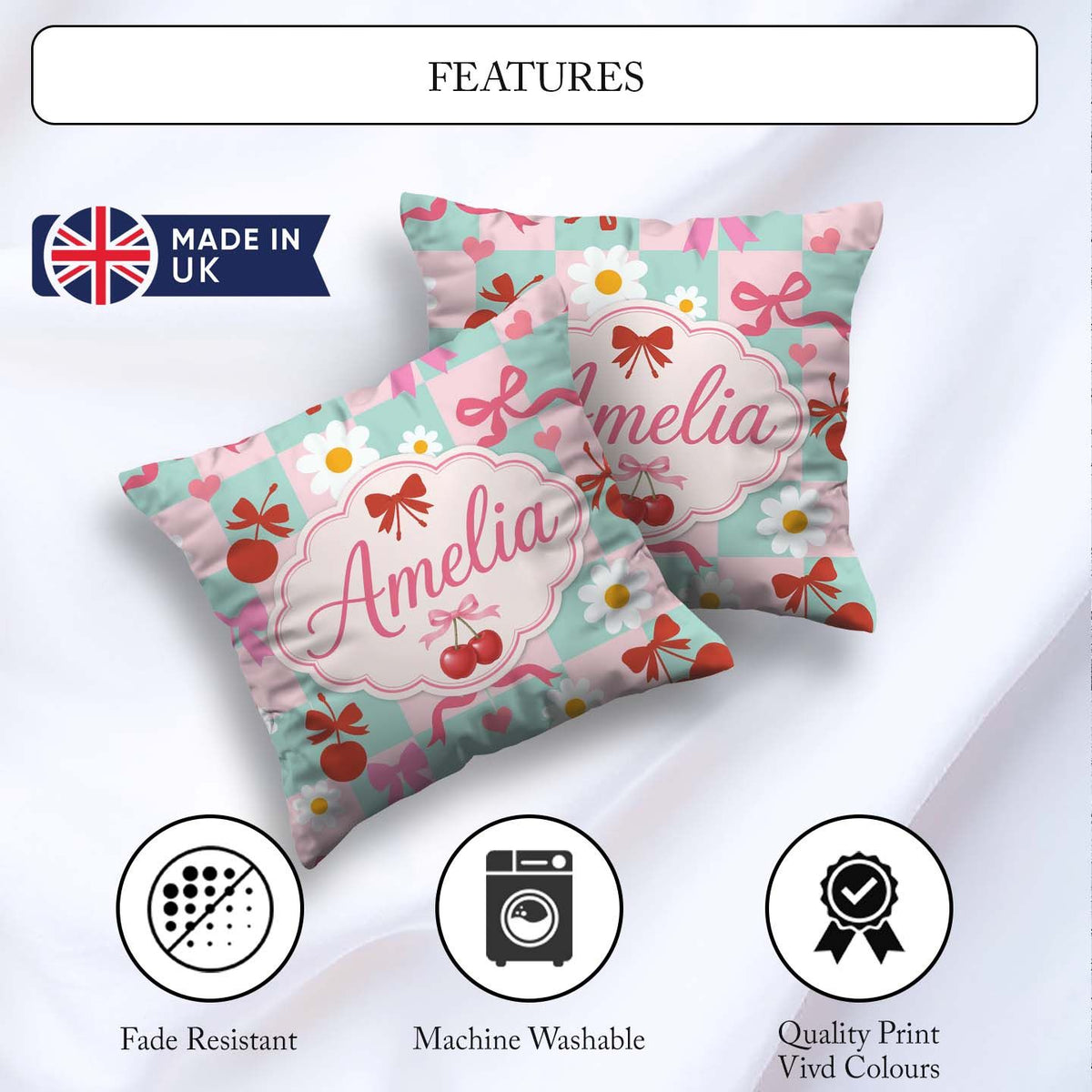 Custom Name Cute Cherry Bow Daisy Heart on Mint and Pink Gingham Square Filled Cushion Throw Pillow Sofa Bed Home Decor Zip Washable UK Made