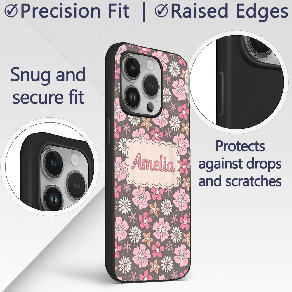 Cute Hand Drawn Floral Ditsy Flowers Pattern Dark Custom Name Protective Phone Case Mobile Cover Durable Everyday Smartphone Shock Resistant
