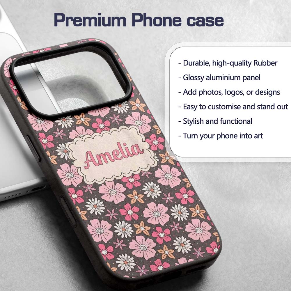 Cute Hand Drawn Floral Ditsy Flowers Pattern Dark Custom Name Protective Phone Case Mobile Cover Durable Everyday Smartphone Shock Resistant