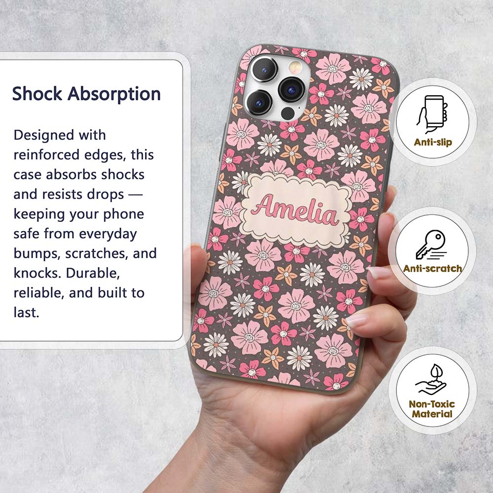 Cute Hand Drawn Floral Ditsy Flowers Pattern Dark Custom Name Protective Phone Case Mobile Cover Durable Everyday Smartphone Shock Resistant