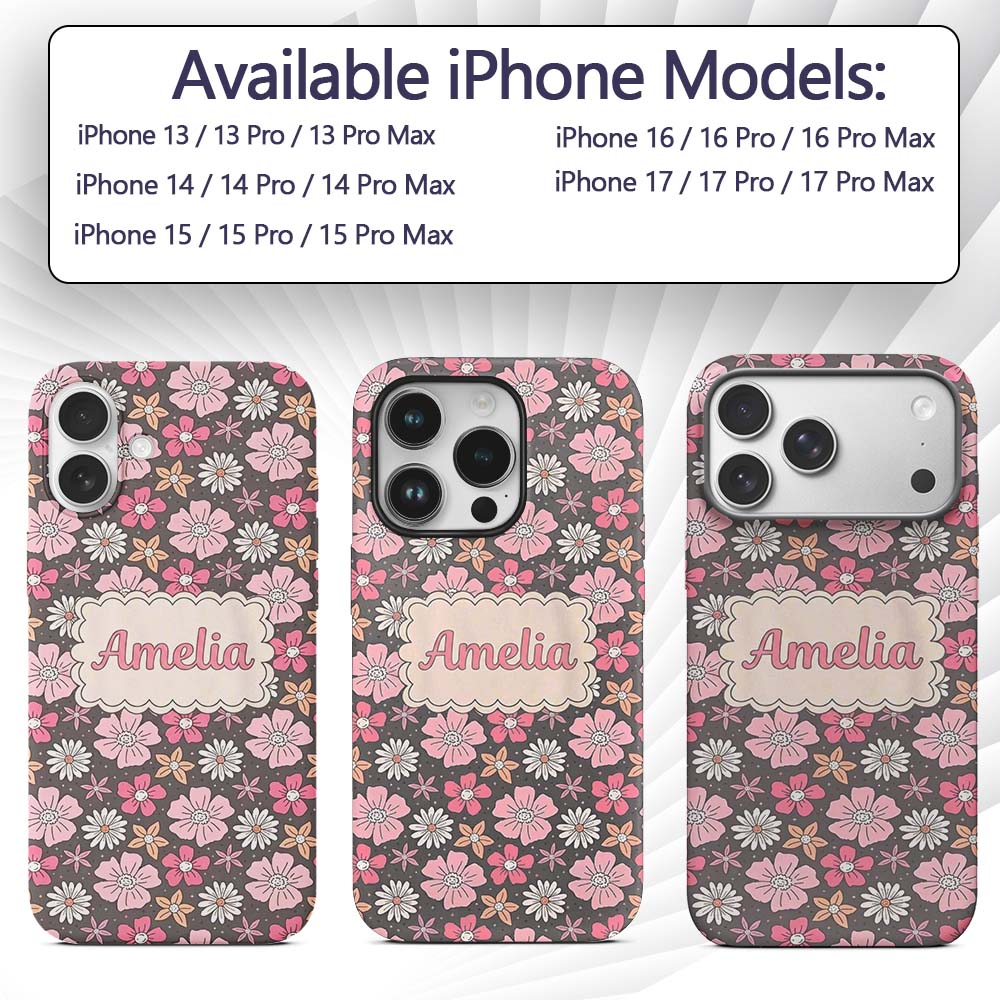 Cute Hand Drawn Floral Ditsy Flowers Pattern Dark Custom Name Protective Phone Case Mobile Cover Durable Everyday Smartphone Shock Resistant