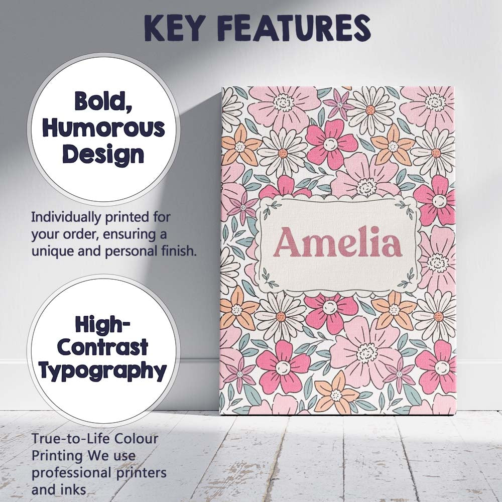 Personalised Name Cute Hand Drawn Floral Custom Unique Gift Idea Elegant Feature Canvas Wall Art Print Decor Picture Ready to Hang