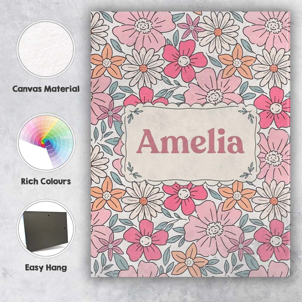 Personalised Name Cute Hand Drawn Floral Custom Unique Gift Idea Elegant Feature Canvas Wall Art Print Decor Picture Ready to Hang