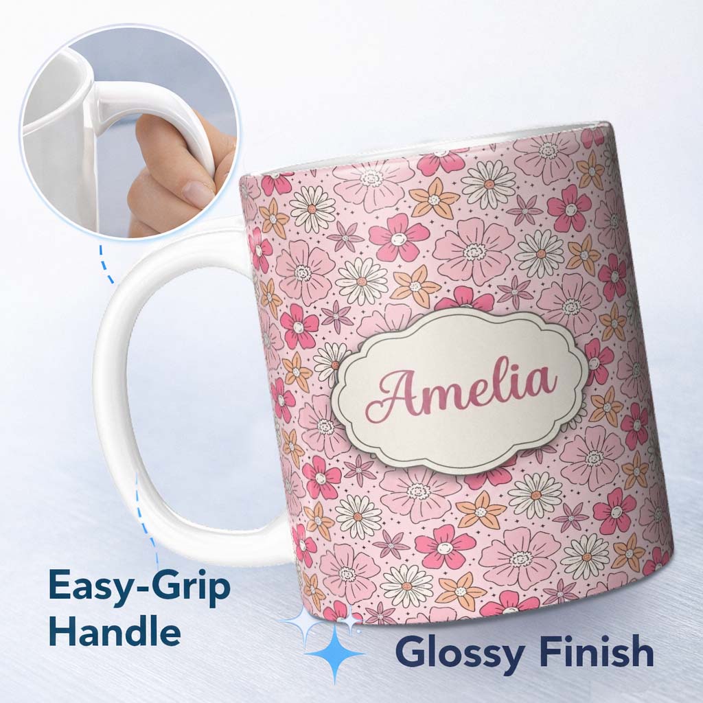 Personalized Custom Name Cute Hand Drawn Floral Ditsy Flowers Pattern Soft Pink Background 11oz Ceramic Coffee Tea Mug White Large Handle