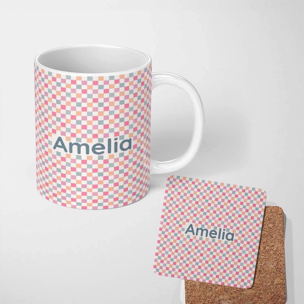 Personalized Custom Name Cute Pastel Gingham Check Pattern Soft Pink Blue Peach Background 11oz Ceramic Coffee Tea Mug White Large Handle