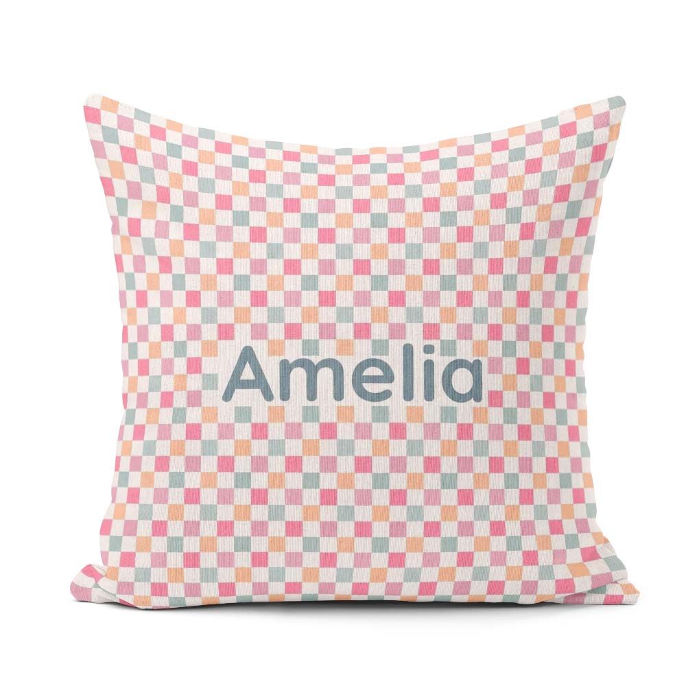 Custom Name Pastel Gingham Check Soft Pink Blue Peach Background Square Filled Cushion Throw Pillow Sofa Bed Home Decor Zip Washable UK Made