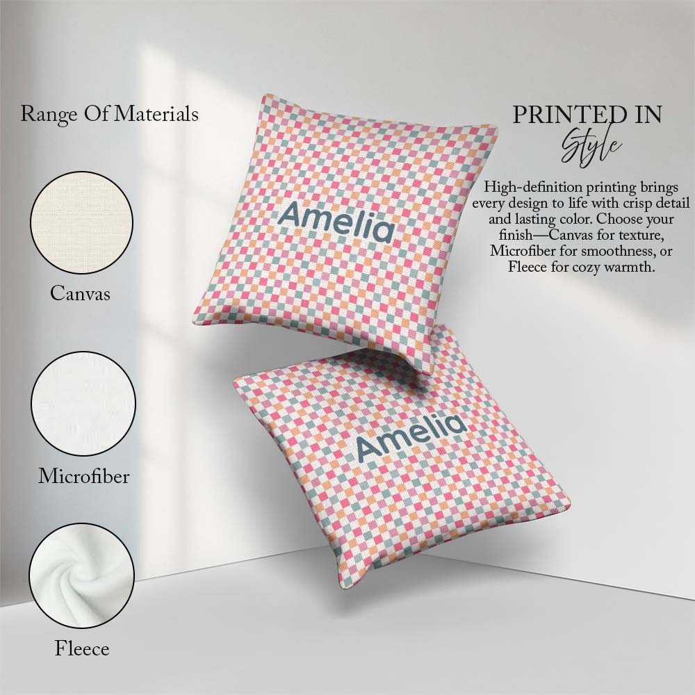 Custom Name Pastel Gingham Check Soft Pink Blue Peach Background Square Filled Cushion Throw Pillow Sofa Bed Home Decor Zip Washable UK Made