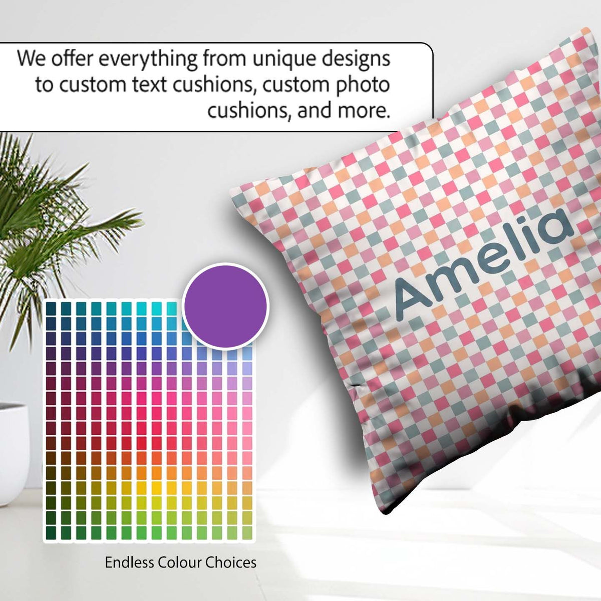 Custom Name Pastel Gingham Check Soft Pink Blue Peach Background Square Filled Cushion Throw Pillow Sofa Bed Home Decor Zip Washable UK Made