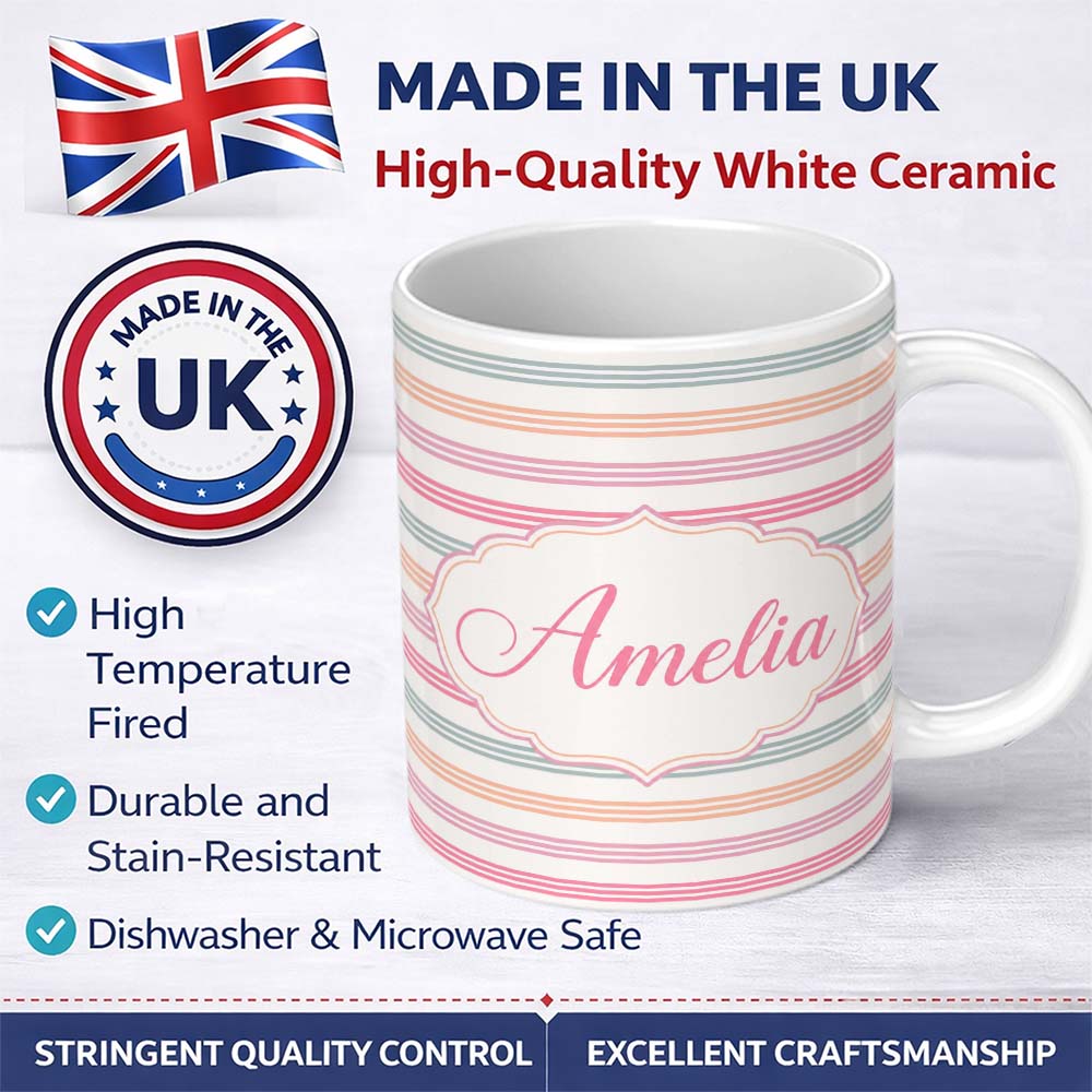 Personalized Custom Name Cute Pastel Horizontal Stripe Pattern Soft Pink Blue Peach 11oz Ceramic Coffee Tea Mug White Large Handle