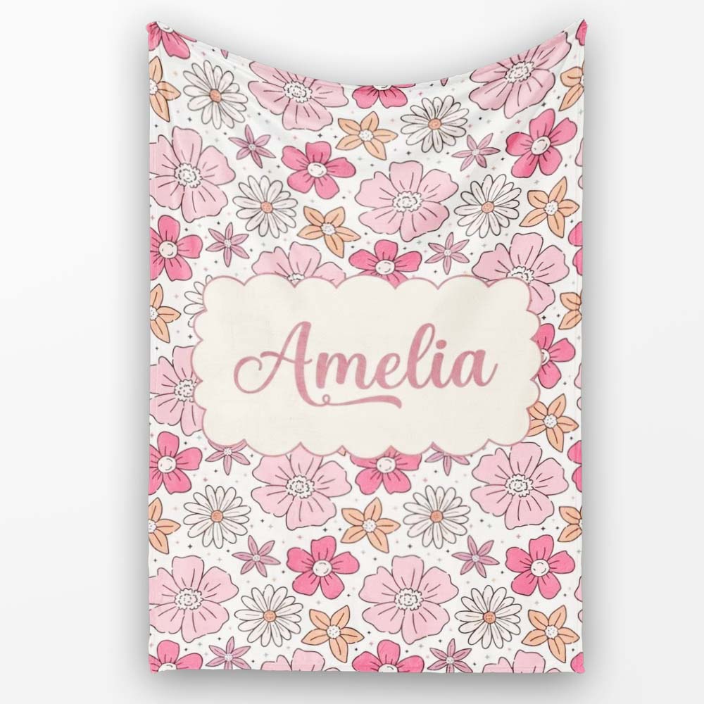 Cute Hand Drawn Floral Ditsy Flowers Pattern Light Neutral Personalised Custom Name Super Soft Fleece Blanket Bed Sofa Throw