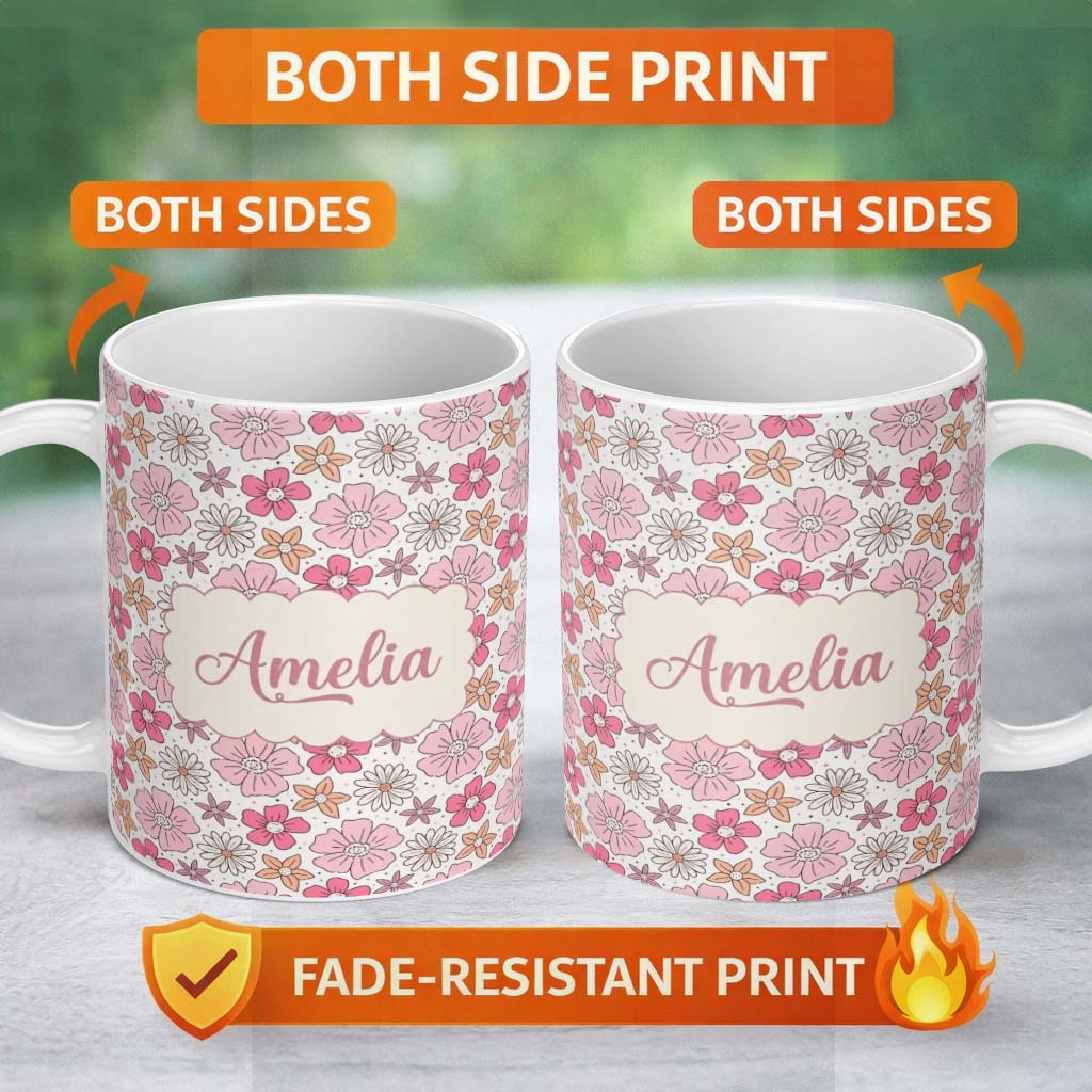 Personalized Custom Name Cute Hand Drawn Floral Ditsy Flowers Pattern Light Neutral 11oz Ceramic Coffee Tea Mug White Large Handle