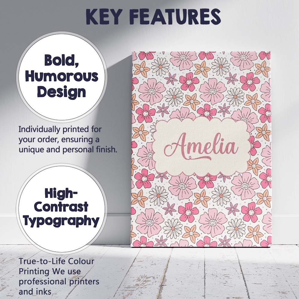 Personalised Name Cute Hand Drawn Floral Custom Unique Gift Idea Elegant Feature Canvas Wall Art Print Decor Picture Ready to Hang