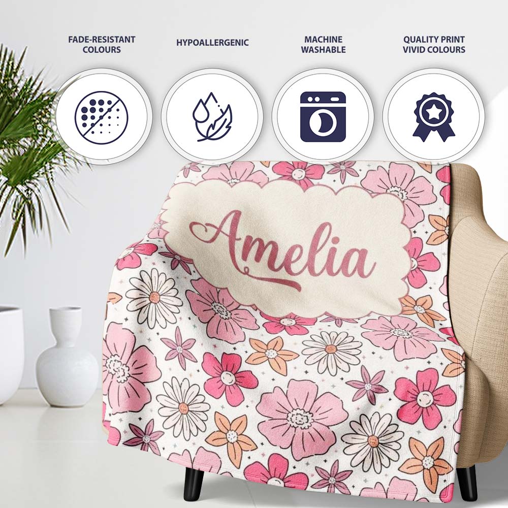 Cute Hand Drawn Floral Ditsy Flowers Pattern Light Neutral Personalised Custom Name Super Soft Fleece Blanket Bed Sofa Throw