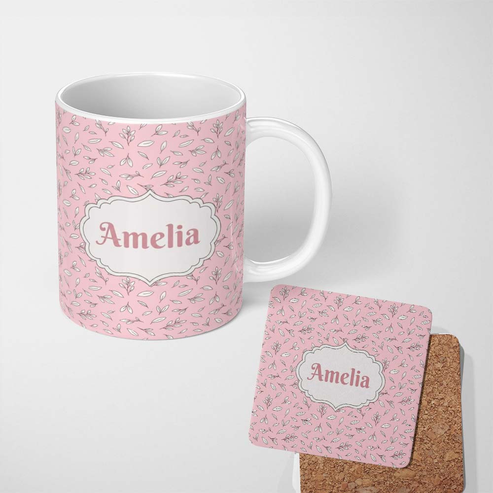 Personalized Custom Name Minimalist Leaf Sprig Pattern Soft Blush Pink Background Seamless 11oz Ceramic Coffee Tea Mug White Large Handle