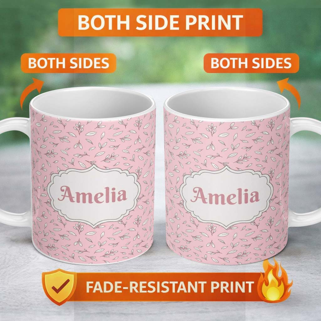 Personalized Custom Name Minimalist Leaf Sprig Pattern Soft Blush Pink Background Seamless 11oz Ceramic Coffee Tea Mug White Large Handle