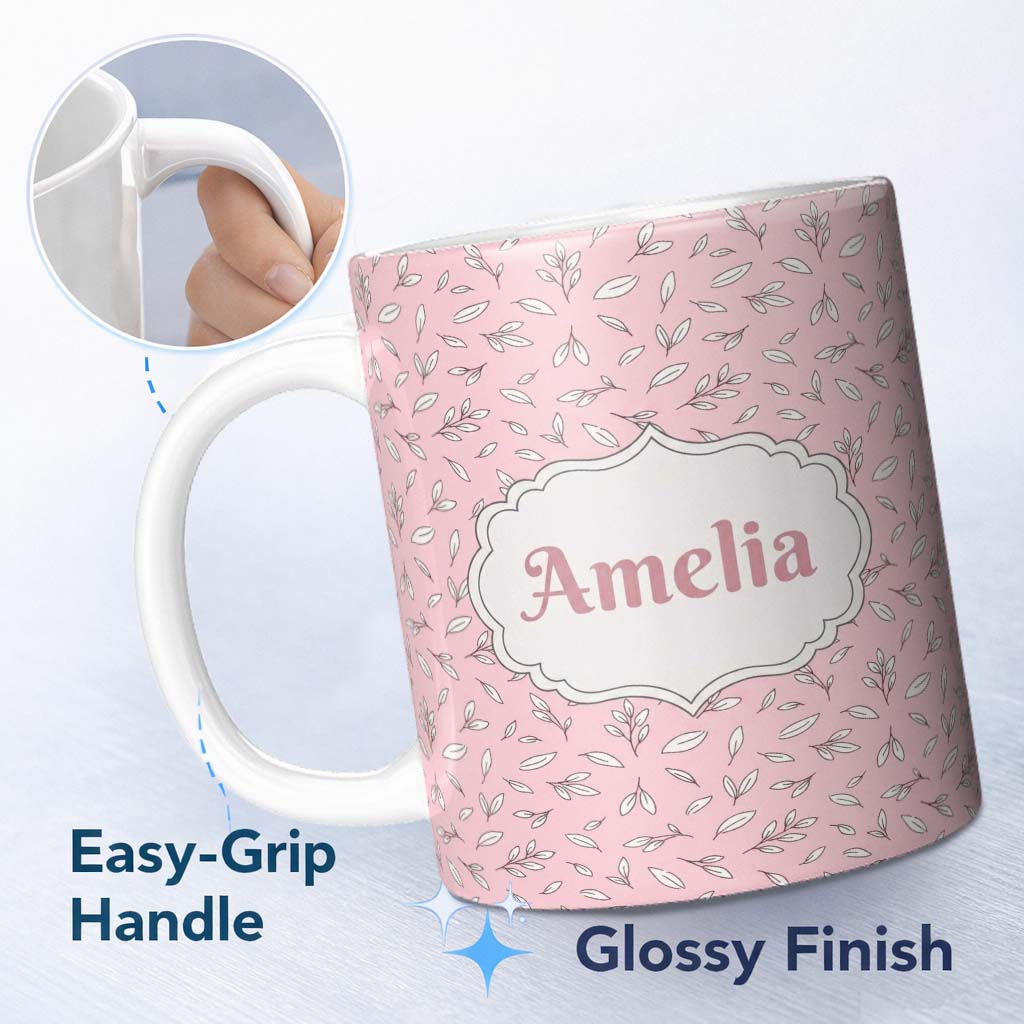 Personalized Custom Name Minimalist Leaf Sprig Pattern Soft Blush Pink Background Seamless 11oz Ceramic Coffee Tea Mug White Large Handle
