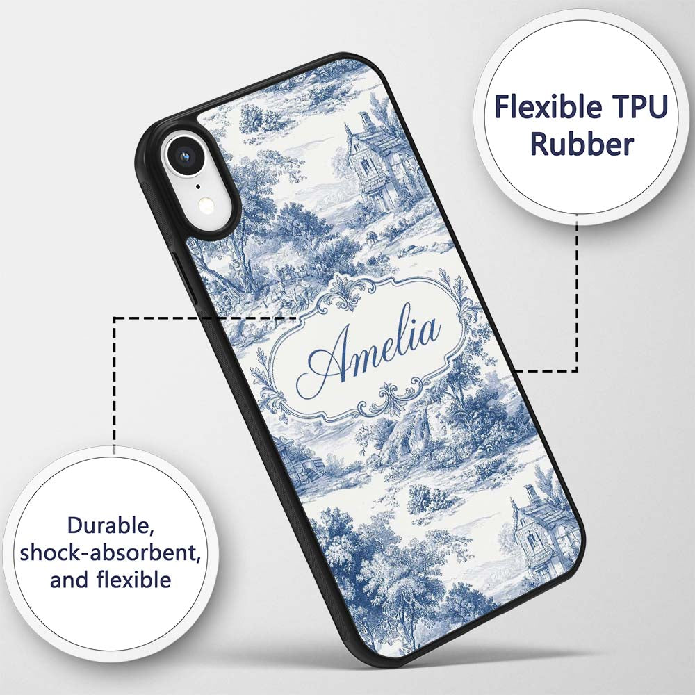 Vintage Toile Countryside Scenic Pattern Blue and Custom Name Protective Phone Case Mobile Cover Durable Everyday Smartphone Shock Resistant