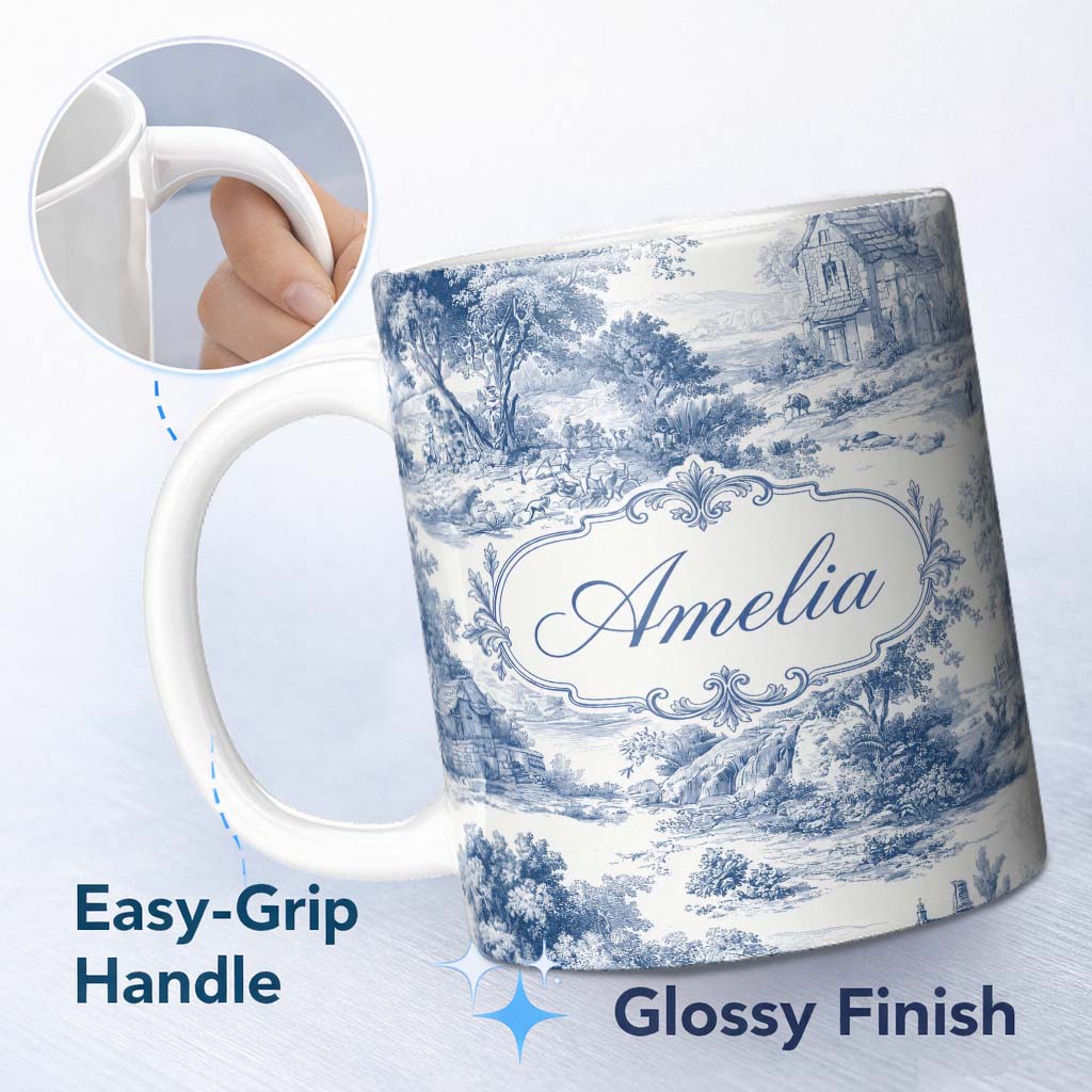 Personalized Custom Name Vintage Toile Countryside Scenic Pattern Blue and White Seamless 11oz Ceramic Coffee Tea Mug White Large Handle