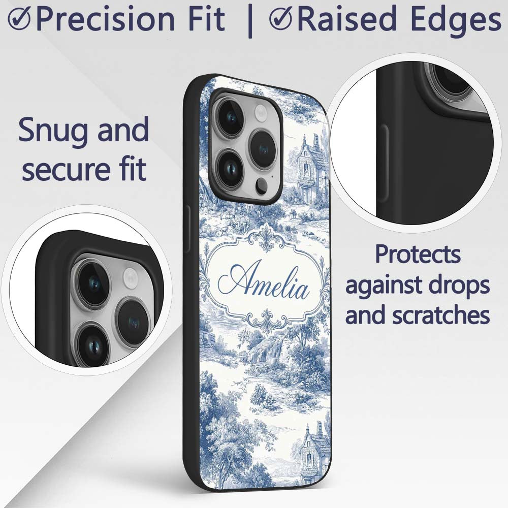 Vintage Toile Countryside Scenic Pattern Blue and Custom Name Protective Phone Case Mobile Cover Durable Everyday Smartphone Shock Resistant