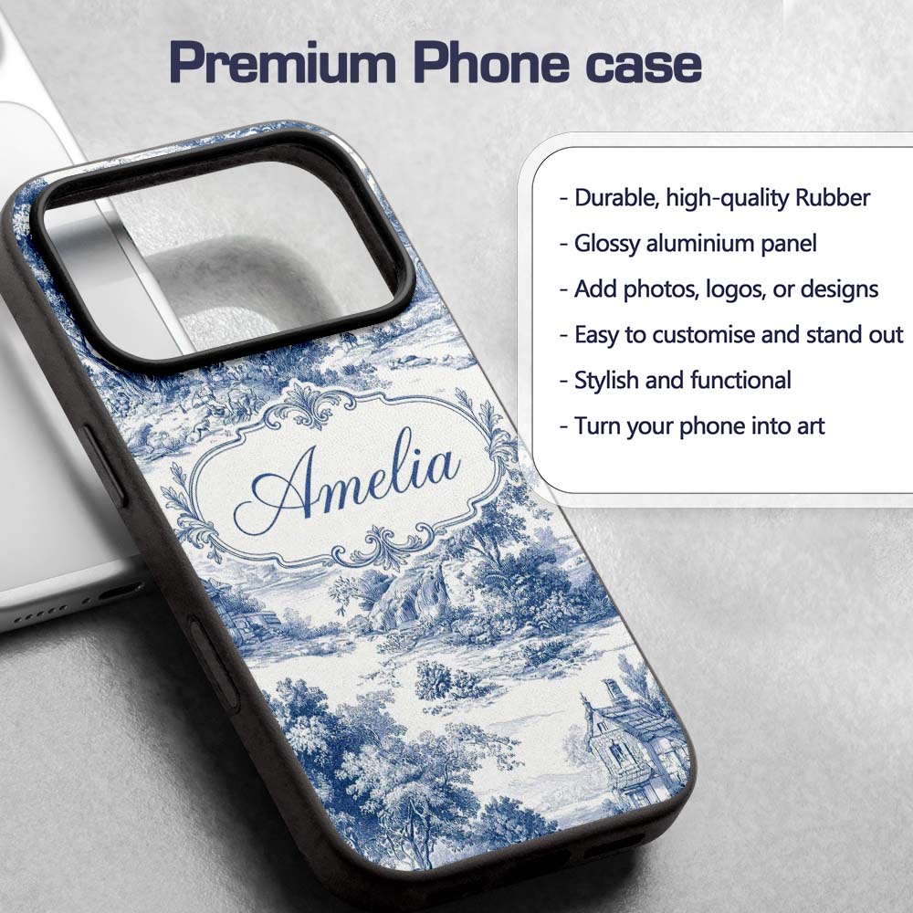 Vintage Toile Countryside Scenic Pattern Blue and Custom Name Protective Phone Case Mobile Cover Durable Everyday Smartphone Shock Resistant