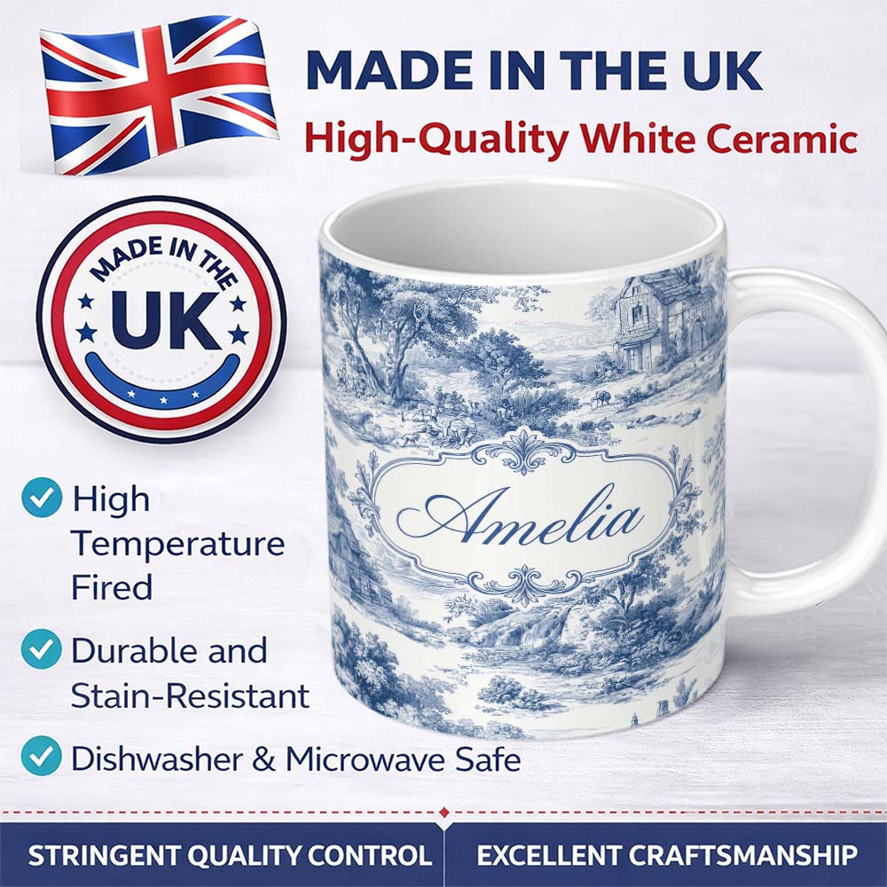 Personalized Custom Name Vintage Toile Countryside Scenic Pattern Blue and White Seamless 11oz Ceramic Coffee Tea Mug White Large Handle