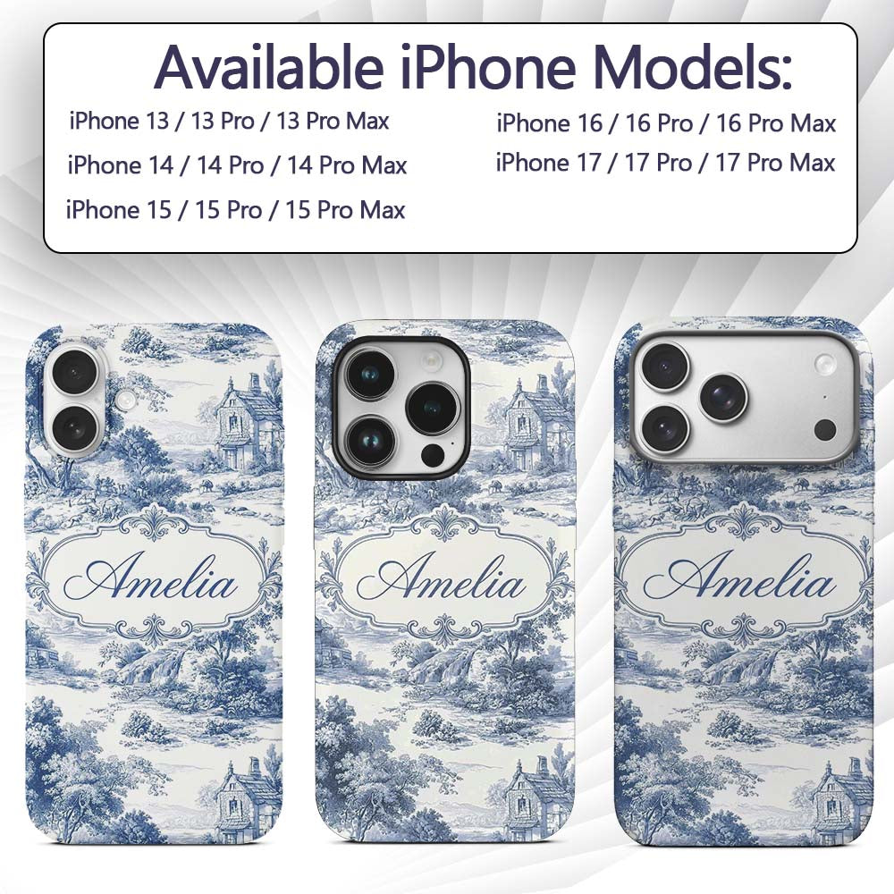 Vintage Toile Countryside Scenic Pattern Blue and Custom Name Protective Phone Case Mobile Cover Durable Everyday Smartphone Shock Resistant