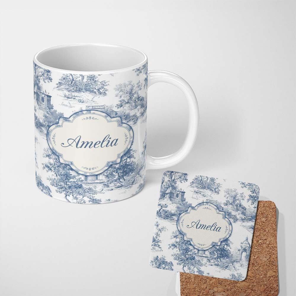 Personalized Custom Name Vintage Toile Architectural Landscape Pattern Blue and White 11oz Ceramic Coffee Tea Mug White Large Handle