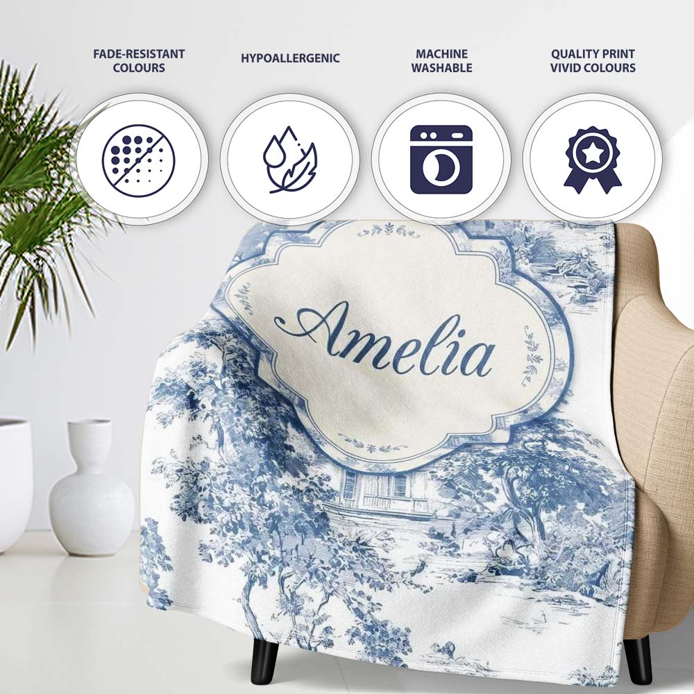 Vintage Toile Architectural Landscape Pattern Blue and White Personalised Custom Name Super Soft Fleece Blanket Bed Sofa Throw