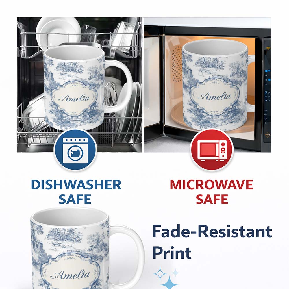 Personalized Custom Name Vintage Toile Architectural Landscape Pattern Blue and White 11oz Ceramic Coffee Tea Mug White Large Handle