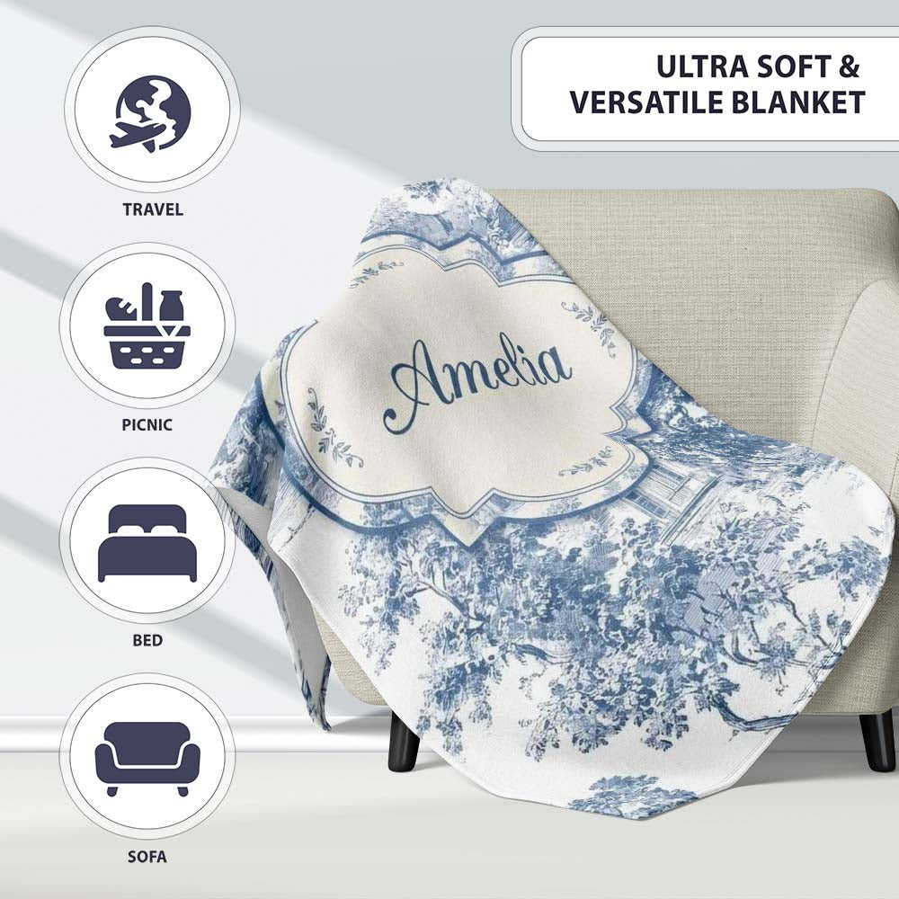 Vintage Toile Architectural Landscape Pattern Blue and White Personalised Custom Name Super Soft Fleece Blanket Bed Sofa Throw