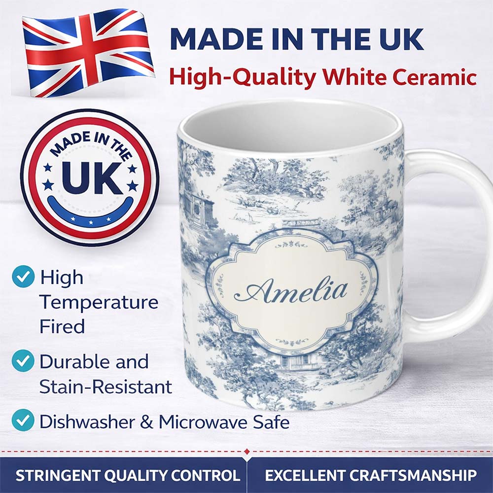 Personalized Custom Name Vintage Toile Architectural Landscape Pattern Blue and White 11oz Ceramic Coffee Tea Mug White Large Handle