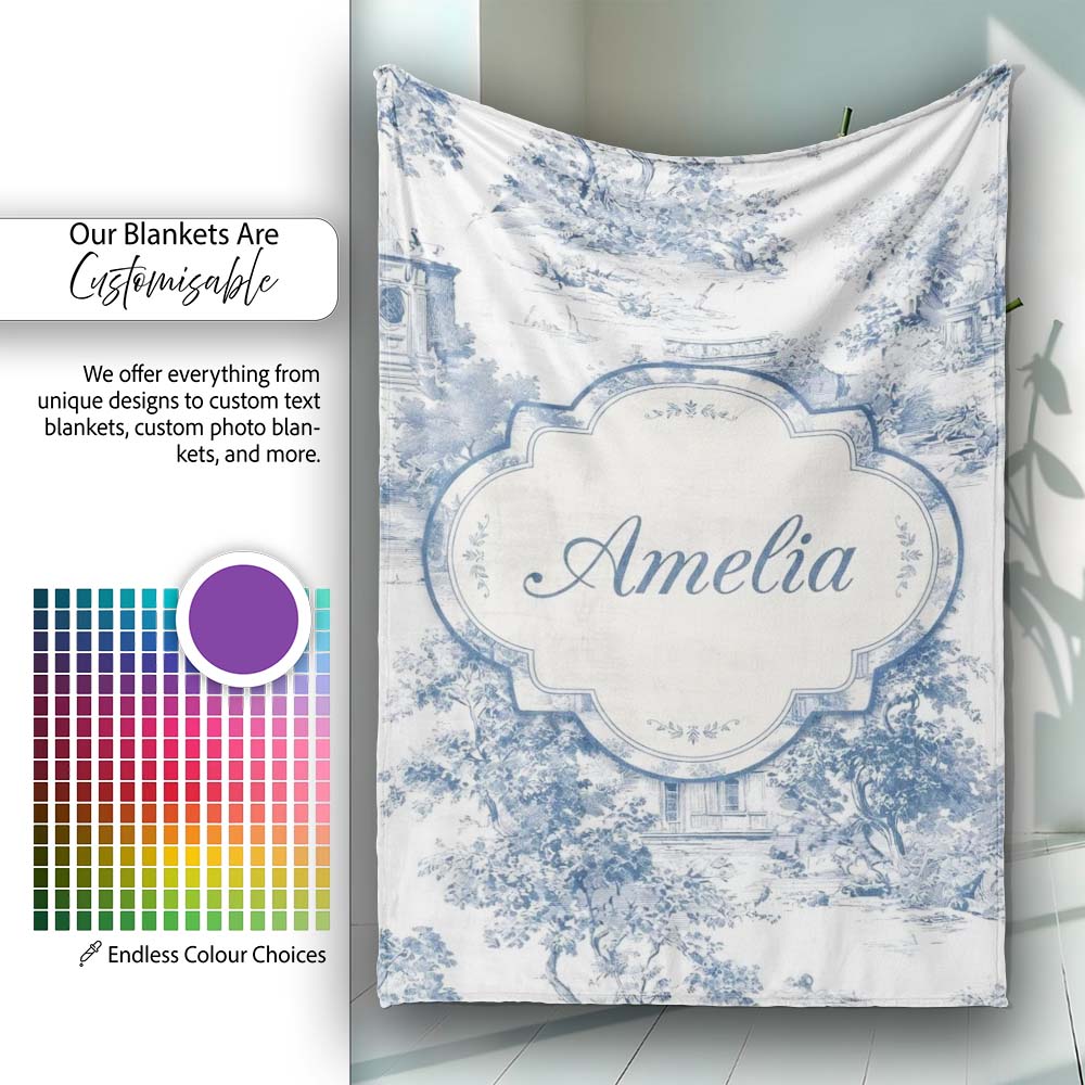 Vintage Toile Architectural Landscape Pattern Blue and White Personalised Custom Name Super Soft Fleece Blanket Bed Sofa Throw