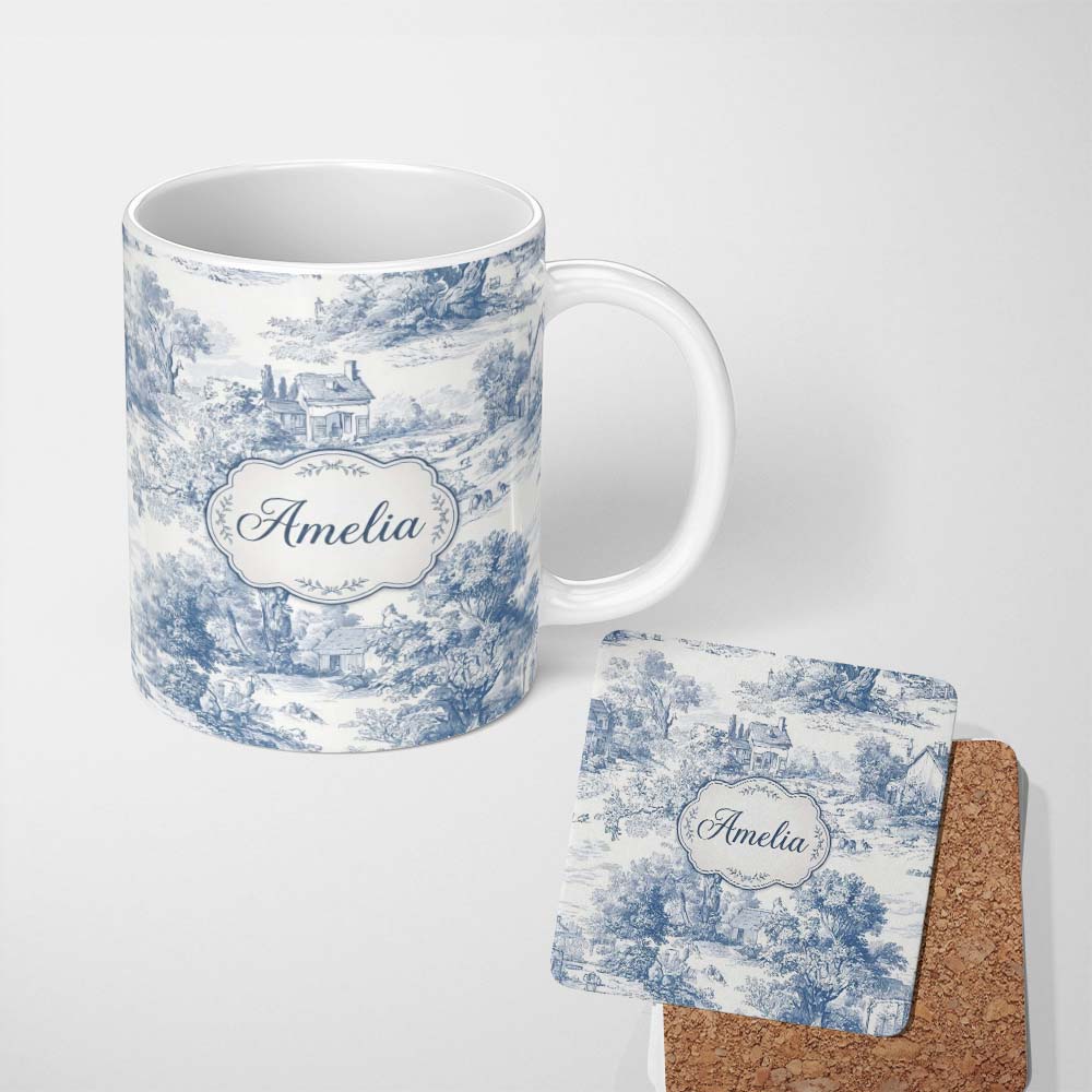 Personalized Custom Name Vintage Toile Countryside Scenic Pattern Classic Blue and White 11oz Ceramic Coffee Tea Mug White Large Handle