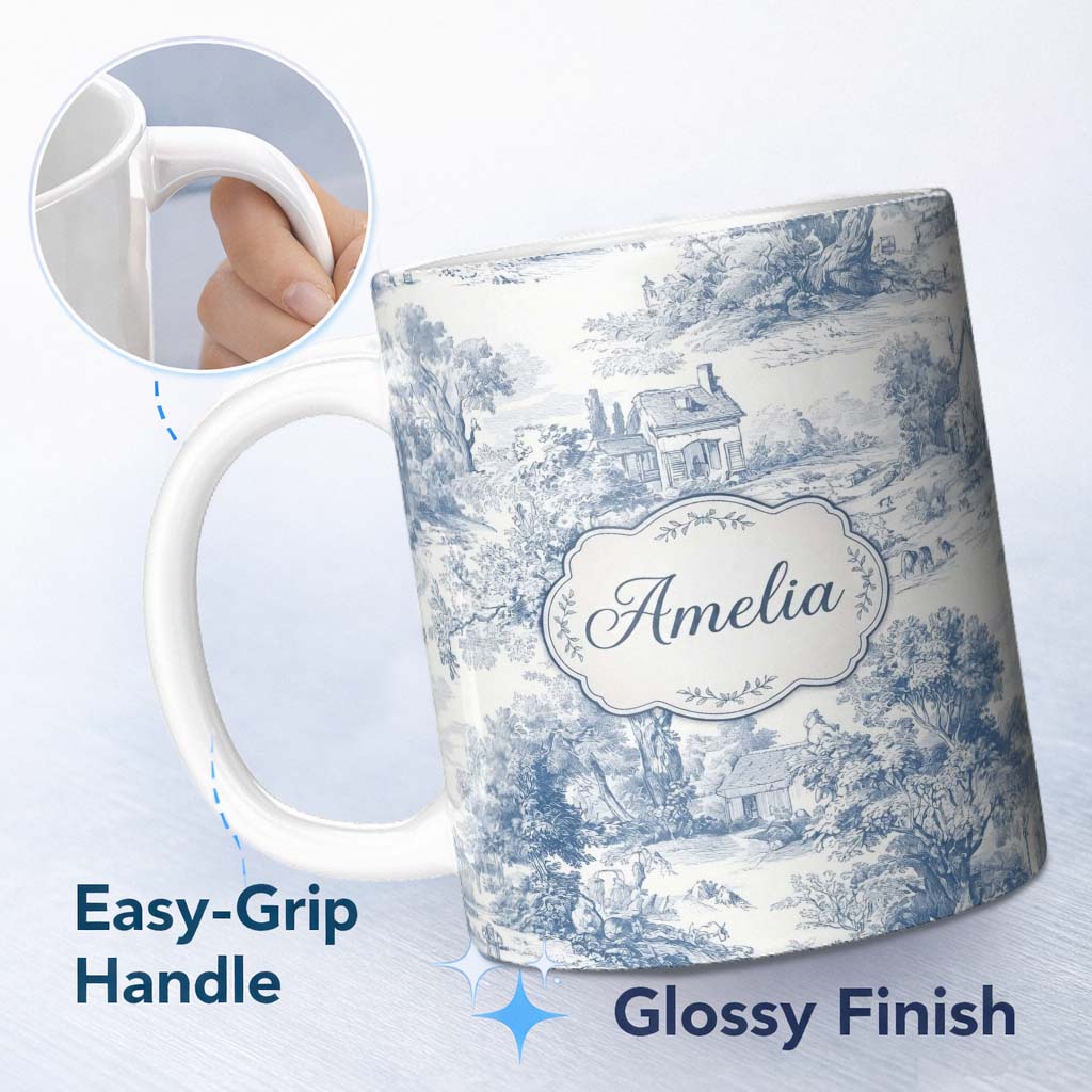 Personalized Custom Name Vintage Toile Countryside Scenic Pattern Classic Blue and White 11oz Ceramic Coffee Tea Mug White Large Handle