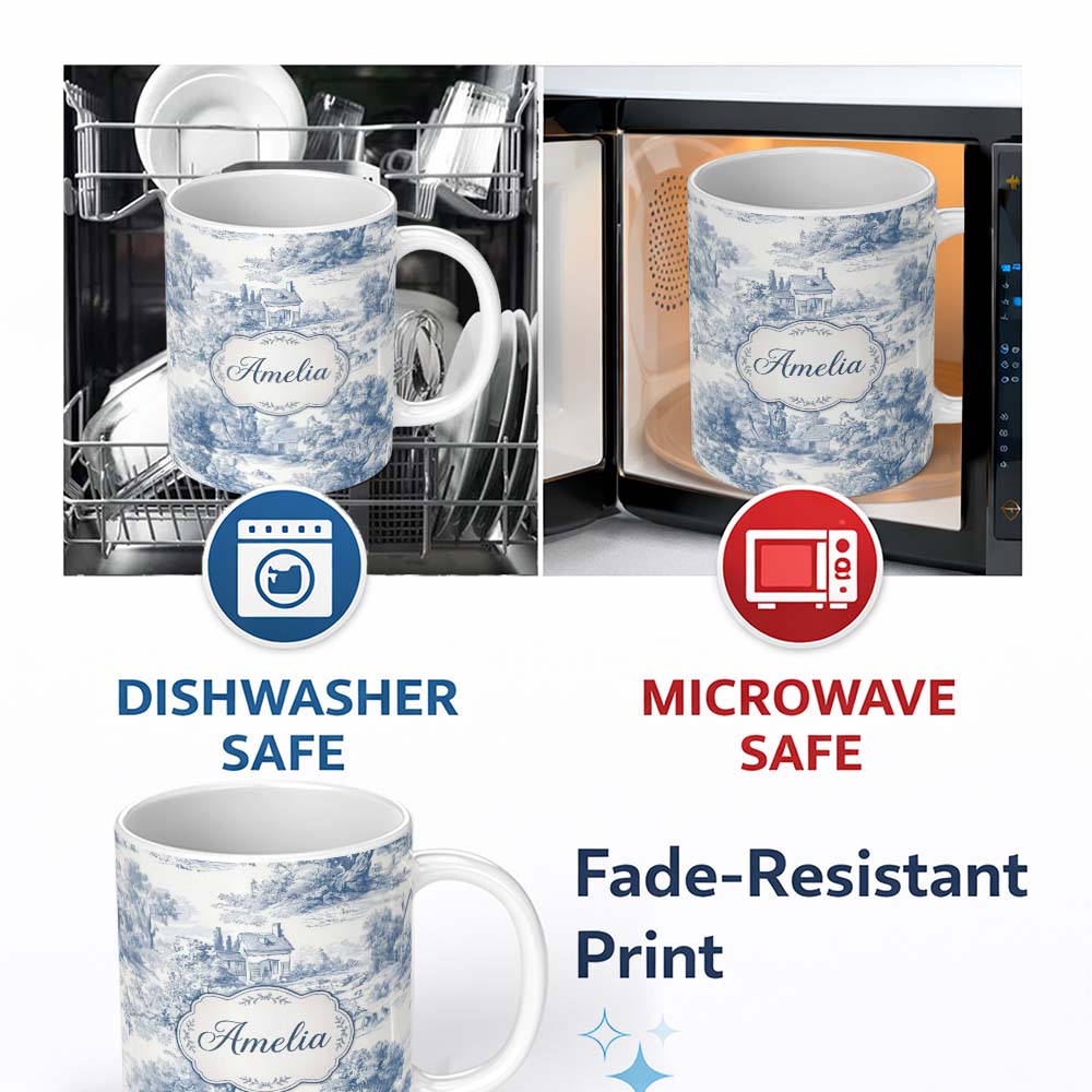 Personalized Custom Name Vintage Toile Countryside Scenic Pattern Classic Blue and White 11oz Ceramic Coffee Tea Mug White Large Handle