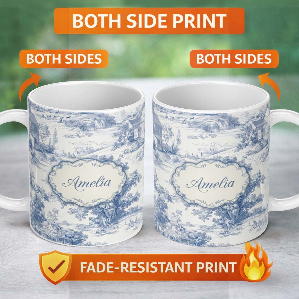 Personalized Custom Name Vintage Toile Pastoral Landscape Pattern Detailed Blue and White 11oz Ceramic Coffee Tea Mug White Large Handle