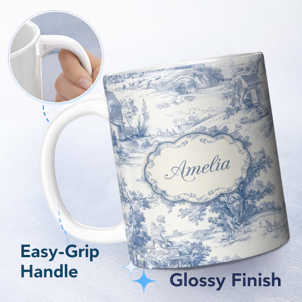 Personalized Custom Name Vintage Toile Pastoral Landscape Pattern Detailed Blue and White 11oz Ceramic Coffee Tea Mug White Large Handle