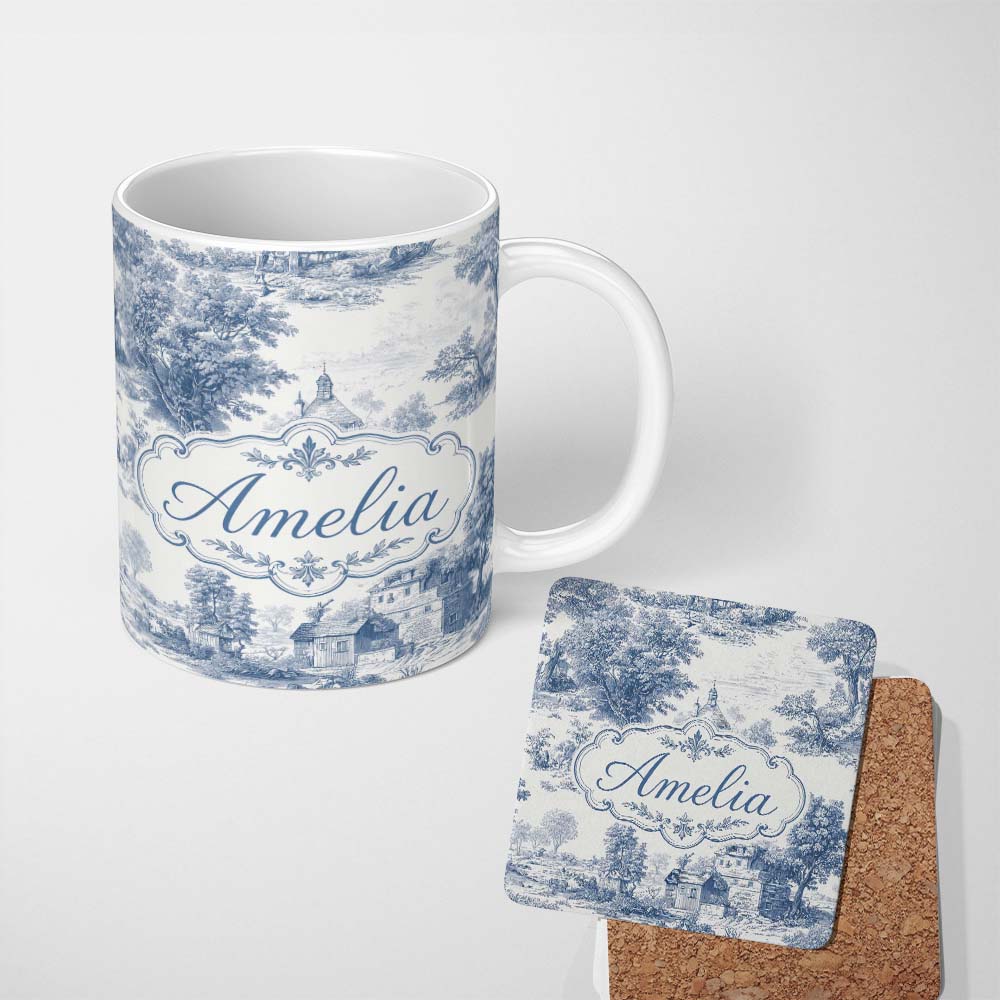 Personalized Custom Name Vintage Toile Countryside Cottage Scene Blue White Seamless Pattern 11oz Ceramic Coffee Tea Mug White Large Handle