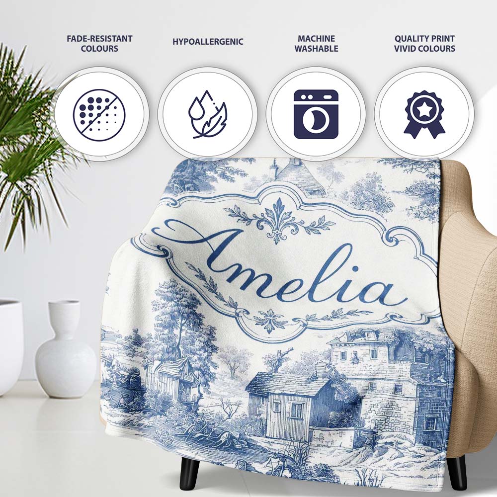 Vintage Toile Countryside Cottage Scene Blue White Seamless Pattern Personalised Custom Name Super Soft Fleece Blanket Bed Sofa Throw
