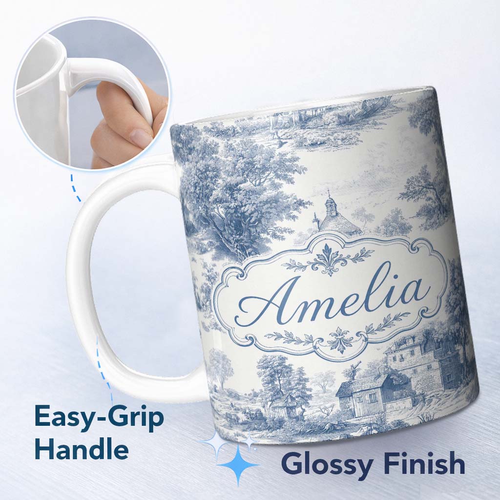 Personalized Custom Name Vintage Toile Countryside Cottage Scene Blue White Seamless Pattern 11oz Ceramic Coffee Tea Mug White Large Handle
