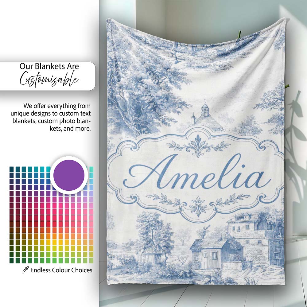Vintage Toile Countryside Cottage Scene Blue White Seamless Pattern Personalised Custom Name Super Soft Fleece Blanket Bed Sofa Throw